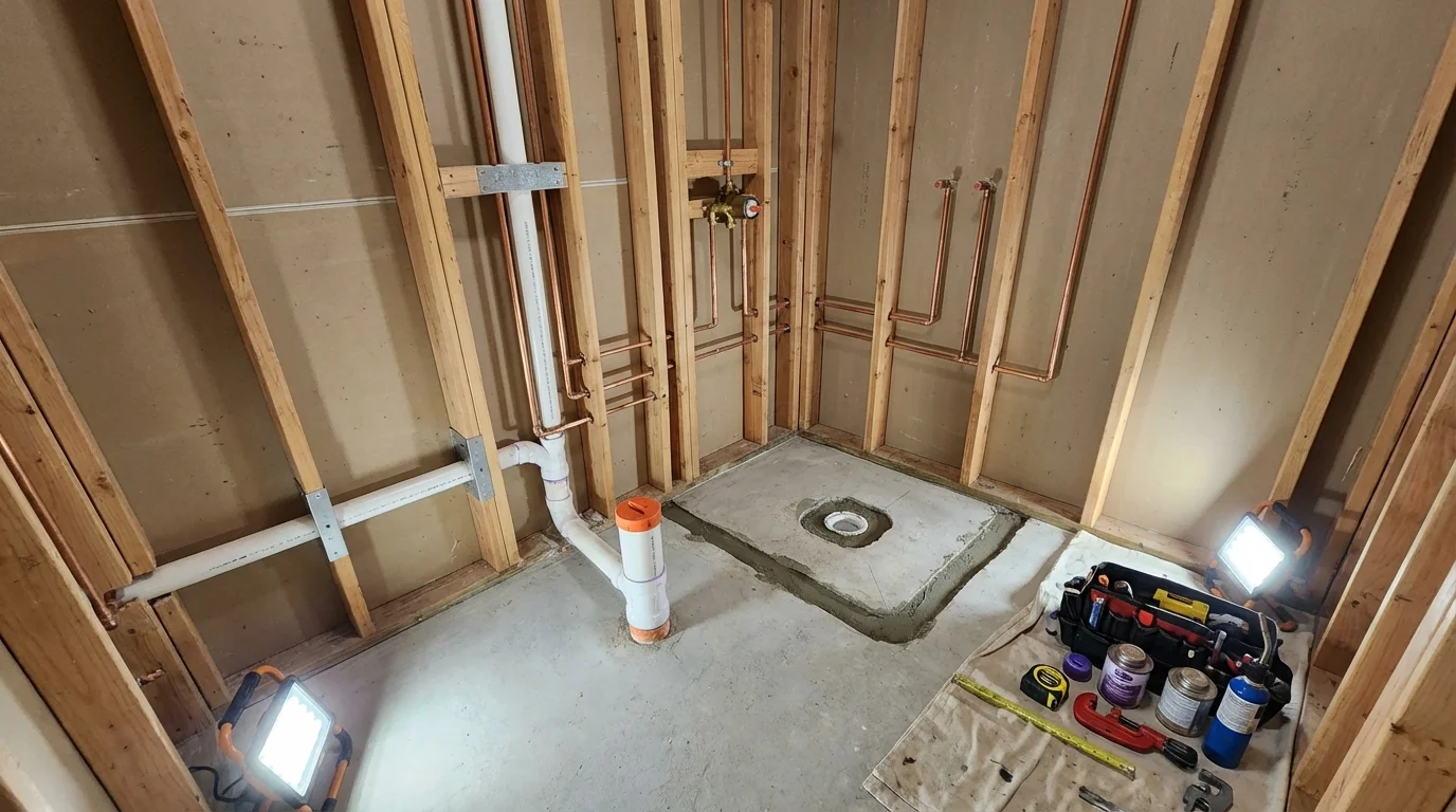 Bathroom rough-in plumbing during remodel by Johns Plumbing LLC in Bremerton