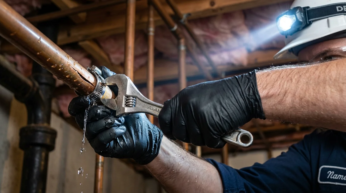 Emergency pipe clamp repair being performed by a Johns Plumbing LLC plumber in Bremerton