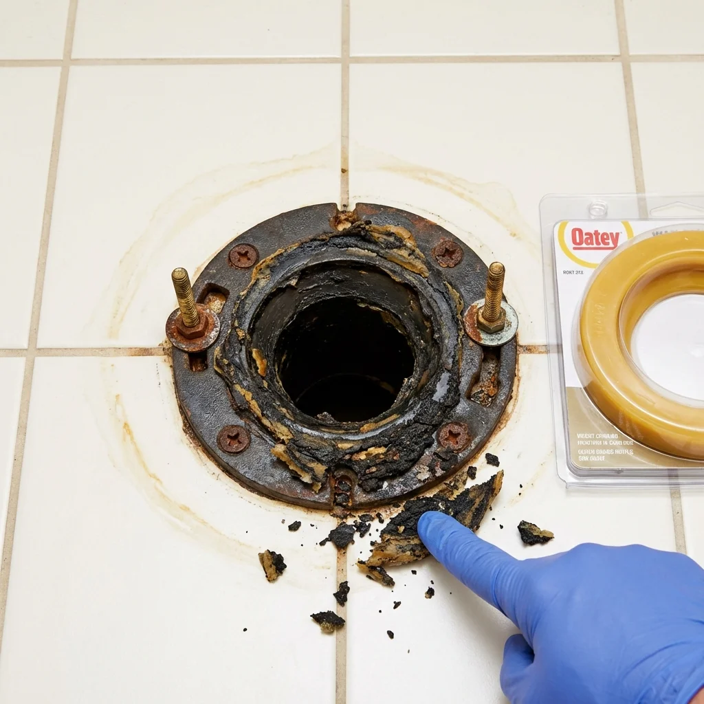 Failed wax ring showing water seepage at the base of a toilet in a Bremerton, WA home
